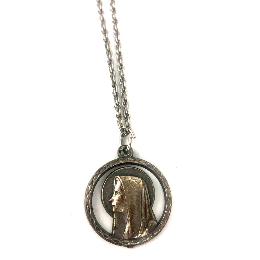 St‎ Mary Religious Pendant Double Sided Silver Made Italy Vintage Catholic Charm